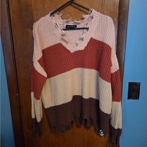 Ambiance V-Neck Sweater - Rust, Beige, and Chocolate